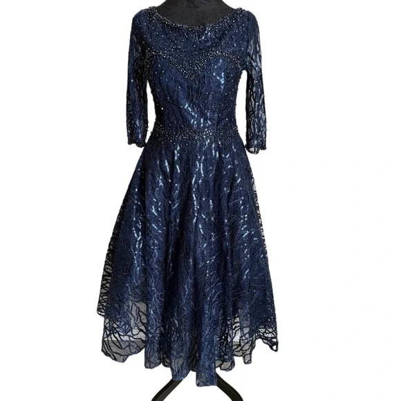 MAC DUGGAL HIGH NECK ABOVE ELBOW SLEEVE EMBELLISHED ALINE NAVY MIDI DRESS 4 - Picture 5 of 14